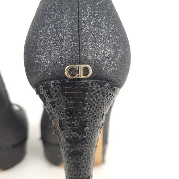 CHRISTIAN DIOR Heels 38.5 Gray Glitter Black Sequin Peep Toe Platform *FLAWS* - Picture 13 of 16
